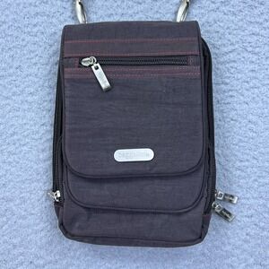 Baggallini Brown Nylon Baby Bon Voyage Crossbody Bag Mini Purse Red Lined Silver